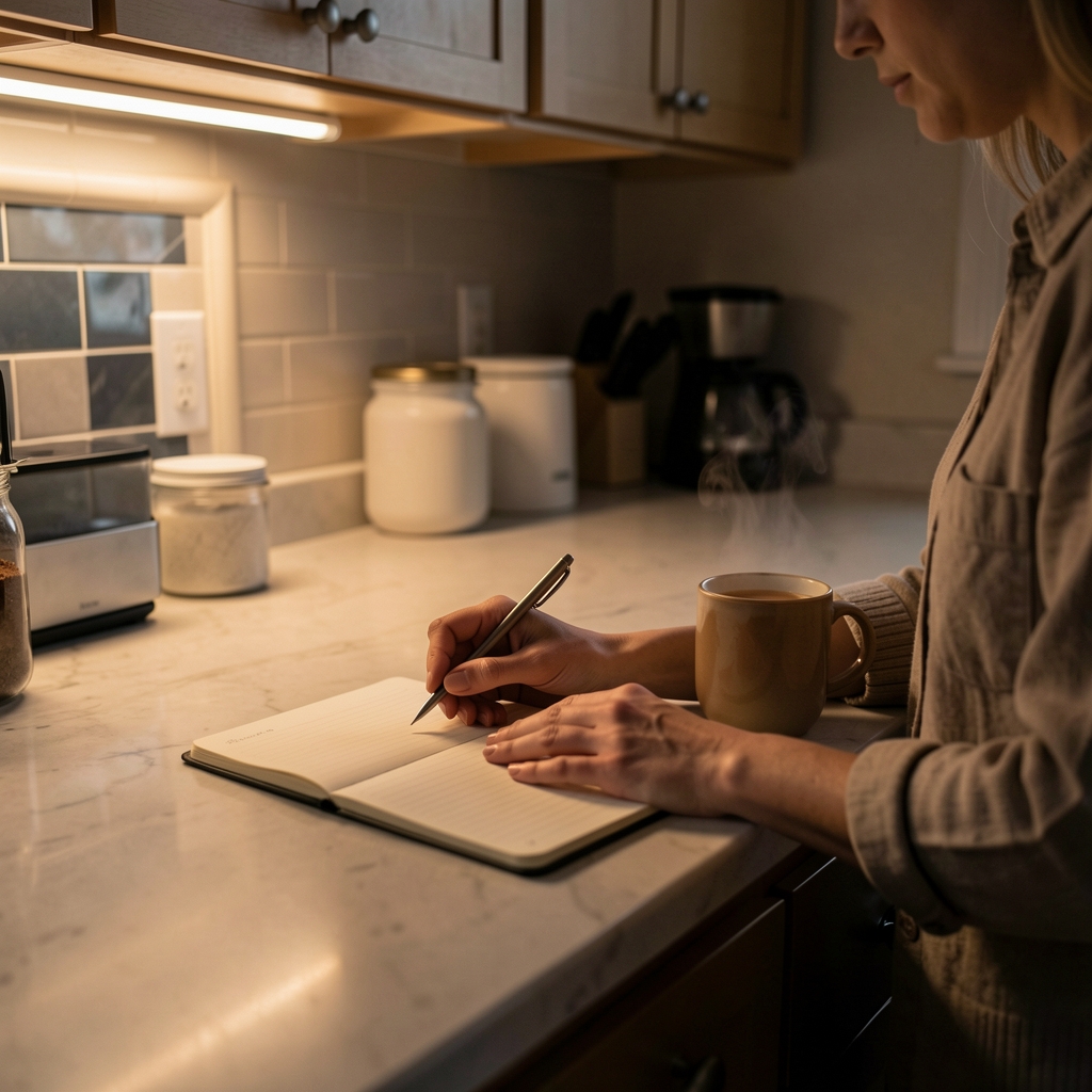 Person preparing a calming evening routine at a kitchen counter, dim ambient light, notepad open with a warm drink nearby