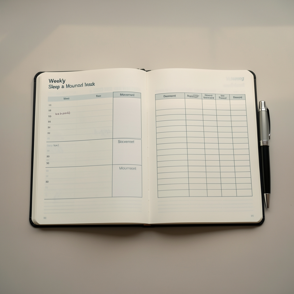 Training journal and pen laid flat on a neutral surface, open to a weekly sleep and movement log, soft morning light