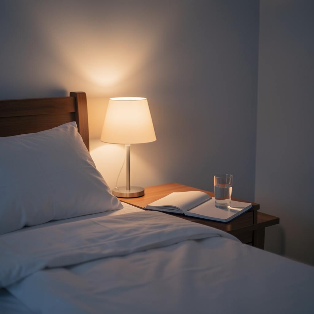 Quiet bedroom at dusk with low lamp light, open notebook on bedside table, and a glass of water — a typical evening rest preparation scene
